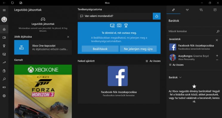 Az Xbox app kezdőlapja