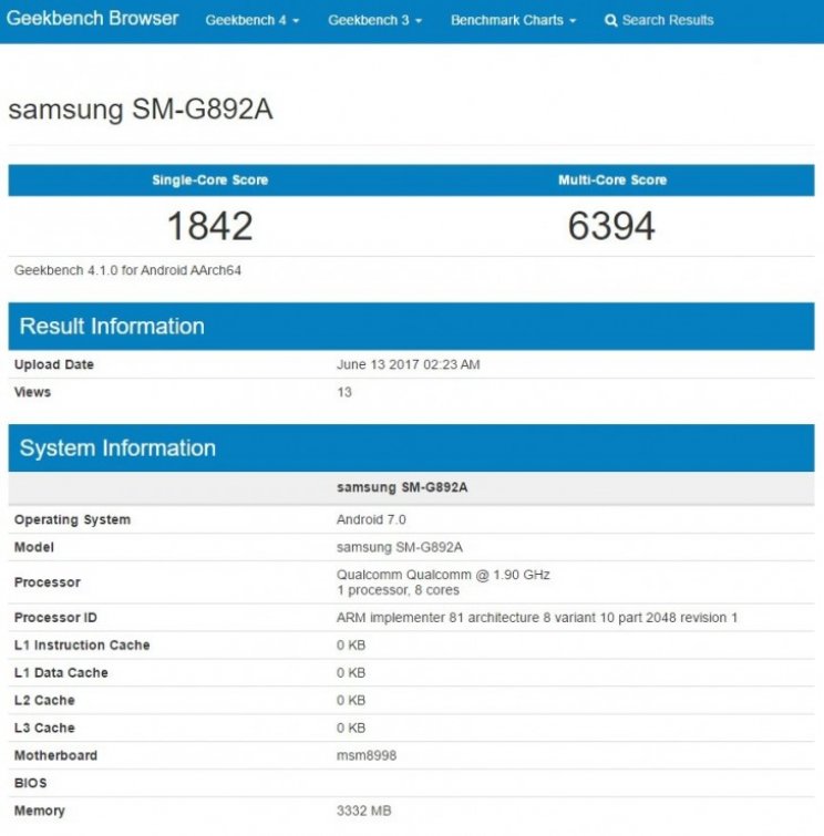Geekbench adatlapon bukkant fel a Samsung Galaxy S8 Active - 2. kép