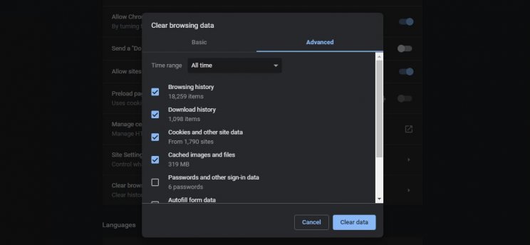 A Chrome 74-es verziójában nem lehet törölni a böngészési előzményeket - 2. kép